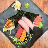 Sushi and Sashimi for 1 · 4 pieces of sashimi (2 tuna, 2 salmon), 2 pieces of sushi (2 yellowtail), tuna avocado hand ...