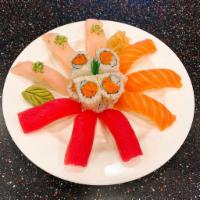 Triple Color Sushi Combo · 3 pieces of tuna, 3 pieces of salmon, 3 pieces of yellowtail, and 1 spicy tuna roll.