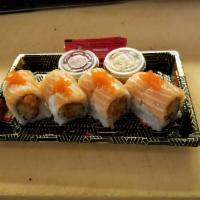 S7. Salmon Dream Roll · Crunchy spicy salmon, cucumber inside with salmon.