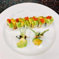 S5. Dragon Roll · Eel and cucumber inside with avocado and caviar.