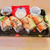 S8. Dancing Eel Roll · Shrimp tempura topped with eel, avocado, and eel sauce.