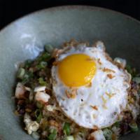 Chinese sausage and shrimp fried rice · Chinese sausage, shrimp, peas, carrots, egg, scallions, ginger and topped with a fried egg.