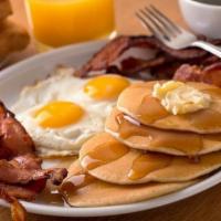 Pancakes · Pancakes with two eggs any style and bacon or sausage