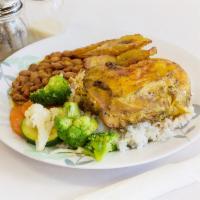 Roasted Chicken Special · Served with your choice of side, beans and rice.
