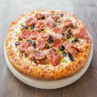 Nasty Boy Pizza · Pepperoni, Italian sausage, ham, beef, breakfast bacon and your choice of two vegetable topp...