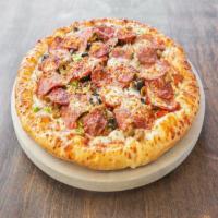 Super Combo Pizza · Pepperoni, Italian sausage, ham, beef, breakfast bacon, onion, green pepper, mushrooms, toma...