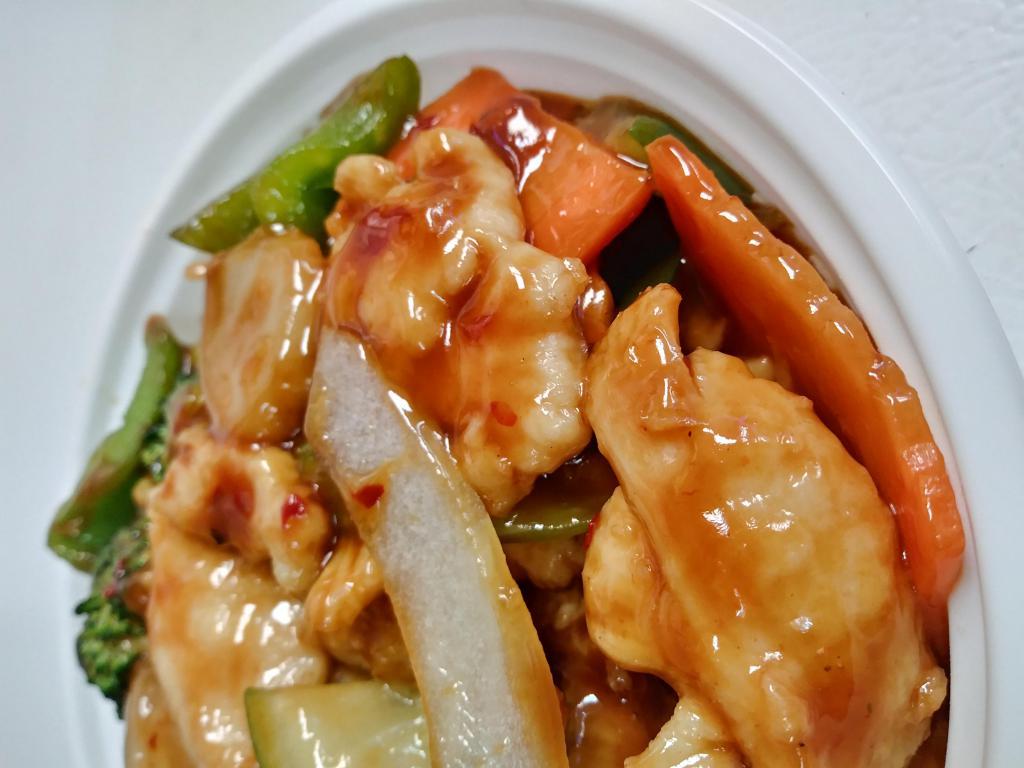81. Chicken Szechuan Style · Served with white rice. Hot and spicy. 