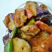 105. Eggplant with Garlic Sauce · Served with white rice. Hot and spicy. 