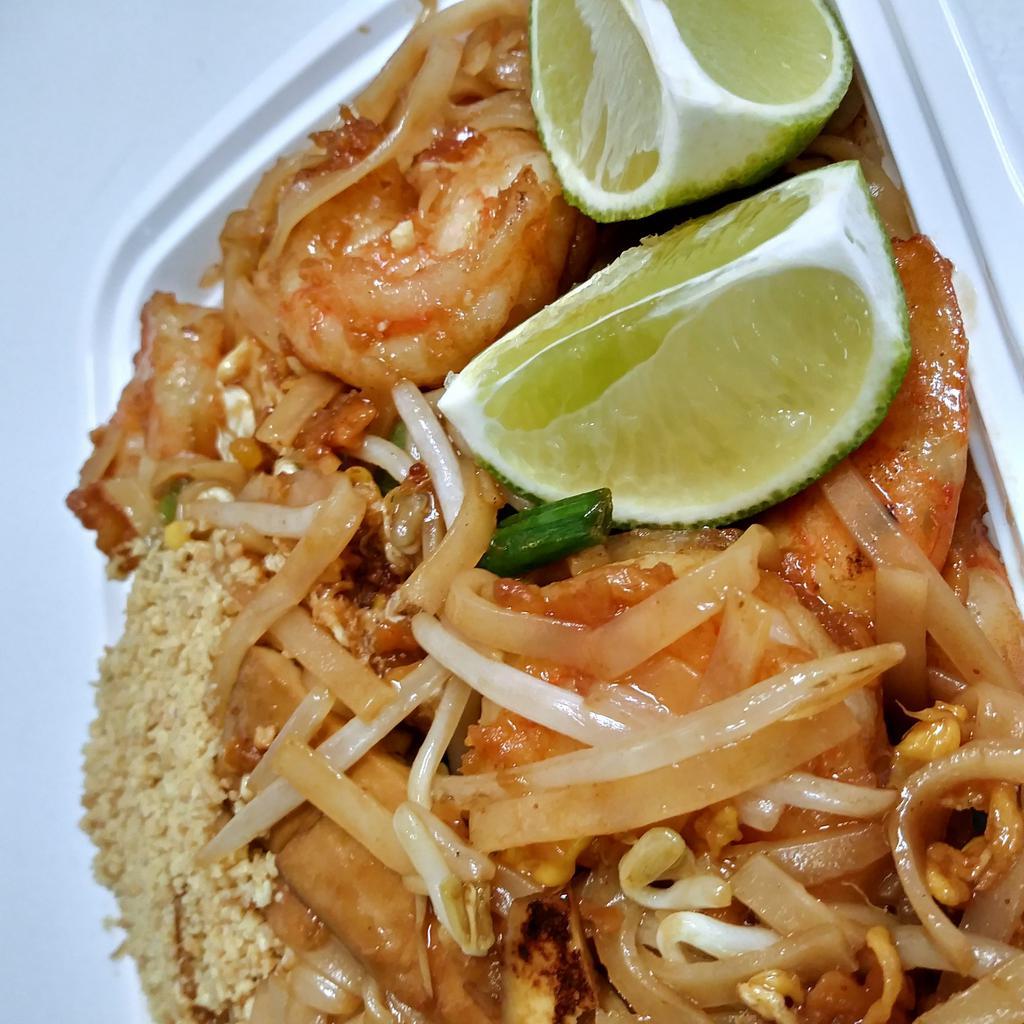1. Pad Thai · Sauteed Thai rice noodle with scattered egg, crushed peanuts, and scallion. Offset the side are fresh bean sprouts and extra crushed peanuts.
