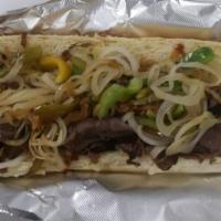 Hot Steak with Onion and Peppers Sub · Shaved beef with perfectly sauteed peppers and onions, and a drizzle of steak sauce to balan...