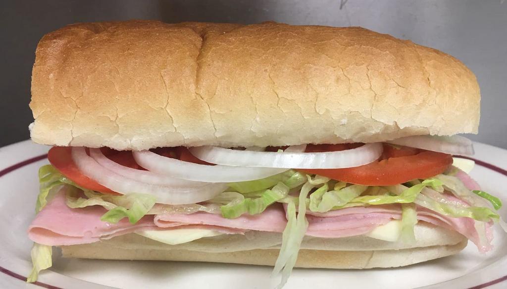 Ham Sub · Deli sliced ham piled on a hearty sub roll with your choice of cheese and toppings!