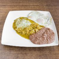Chilaquiles Breakfast · Tortilla chips in a red or green sauce and cheese served with 2 eggs and beans.