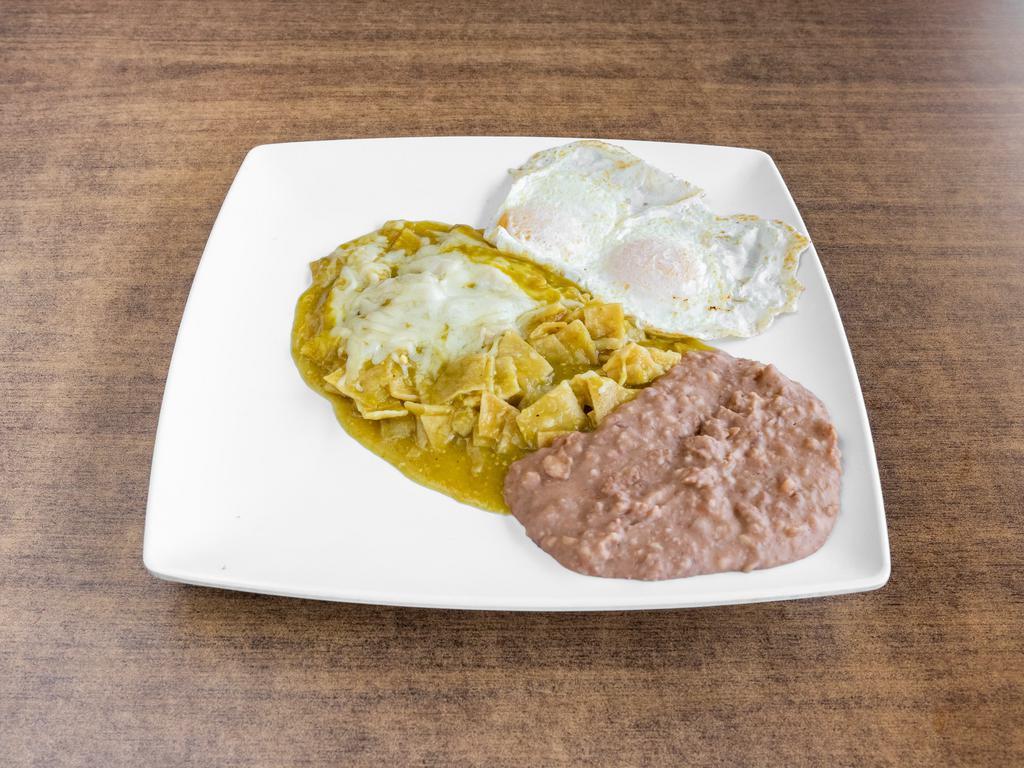 Chilaquiles Breakfast · Tortilla chips in a red or green sauce and cheese served with 2 eggs and beans.