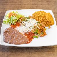 Tampiquena Steak · Steak covered with tomato, green pepper, onions and cheese, 1 enchilada, guacamole and beans.
