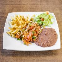 Chuleta a la Mexicana · Chuck steak topped with pepper, onions, and tomato. Served with guacamole, beans and fries.