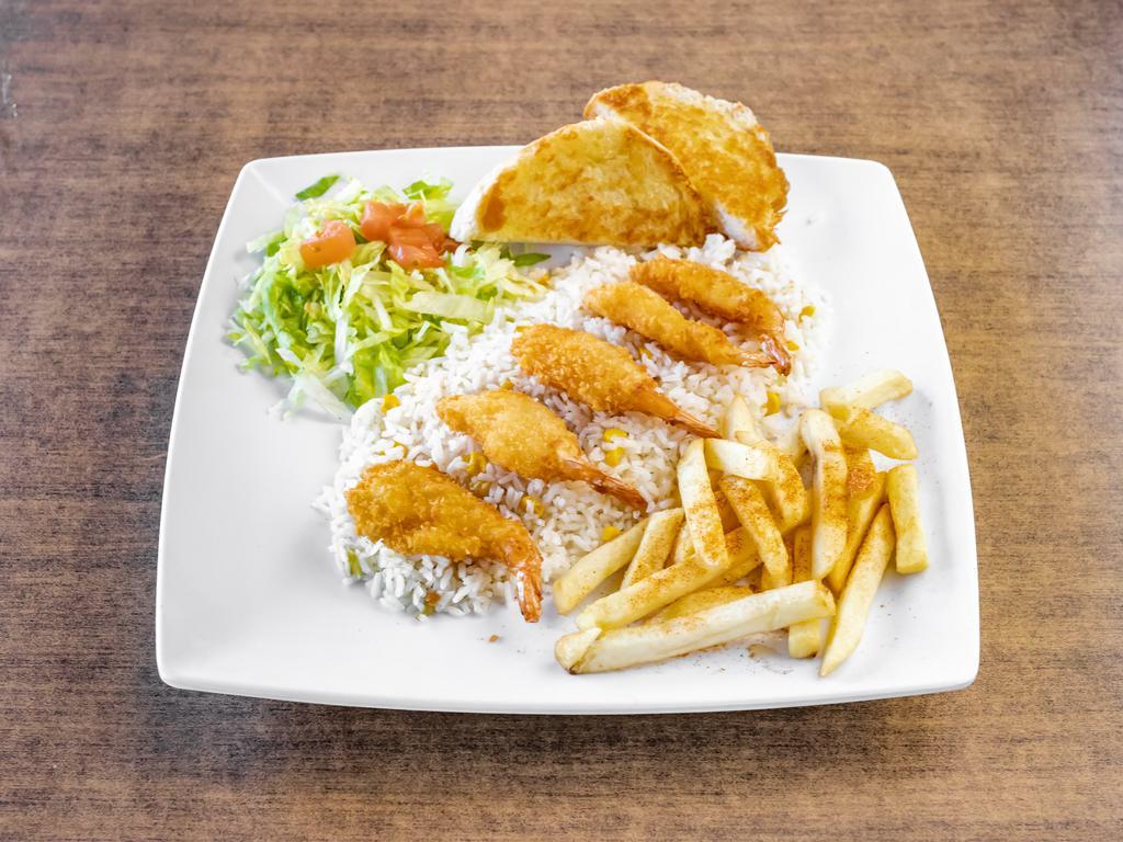 Camarones  · Shrimp. Jumbo shrimp served with white rice, salad or fries.