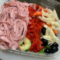 Antipasto Salad · Provolone cheese, ham, capicola, Genoa salami, roasted peppers, and black olives over a gard...