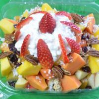 Fruit Salad · Fresh fruit, mango, banana, strawberries, coconut, cucumber, kiwi, apple, pineapple, cantalo...