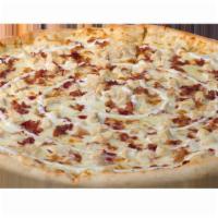 Chicken Bacon Ranch Pizza · Mozzarella cheese, ranch sauce, diced chicken and bacon (please specify so we make it correc...