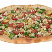 Bianca's White Veggie Pizza · Mozzarella cheese, white garlic sauce, spinach, tomatoes, artichokes, and feta cheese (pleas...