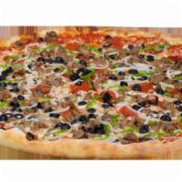 Grande Supreme Pizza · Mozzarella cheese, red sauce, pepperoni, sausage, mushrooms, green peppers, onions and black...
