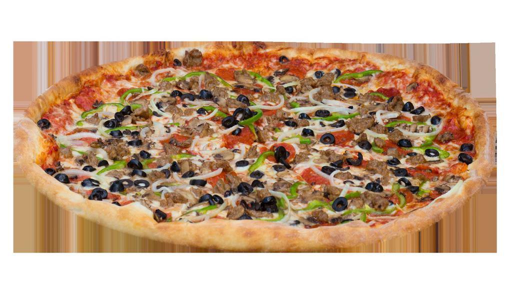 Grande Supreme Pizza · Mozzarella cheese, red sauce, pepperoni, sausage, mushrooms, green peppers, onions and black olives (please specify so we make it correctly for you!)