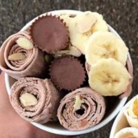 Brotein · Protein chocolate ice cream, bananas, peanut butter cup & almonds.