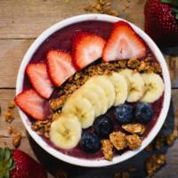 Acai Smoothie Bowl · Acai, strawberries, blueberries, banana and granola. Benefits: antioxidants, lower cholester...