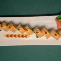   Big  Sun shine Roll ( 10 pcs )  ·  Shrimp Tempura Roll On Top Salmon Sashimi . Sauce