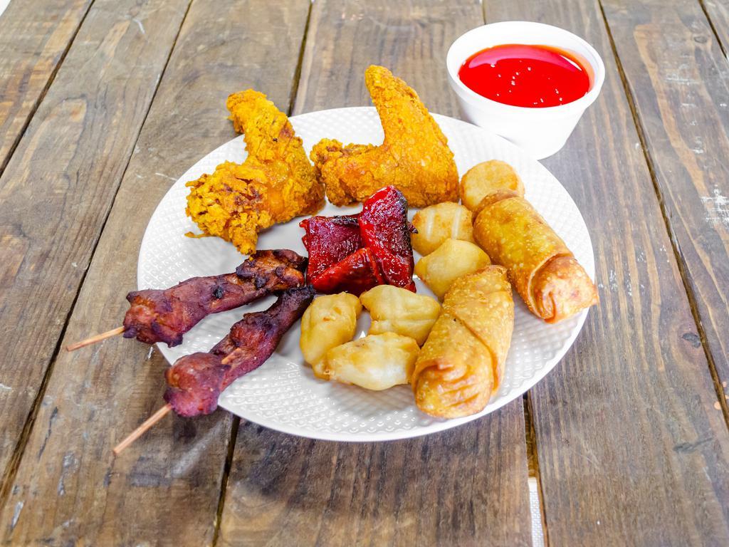 Pu Pu Platter · Serves 2. Egg roll 2 pieces, teriyaki chicken 2 pieces, chicken wings 2 pieces, boneless ribs 2 pieces, fried scallops 2 pieces and chicken finger 4 pieces.