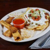 Sampler of Mexican Favorites · Cheese quesadillas, mini chicken taquitos, beef nachos and served with guacamole, sour cream...