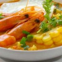 Sopa de Camarones · Shrimp soup. Sopa y 3 tortillas soup and 3 corn tortillas.