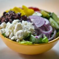 Greek · Cucumber, red onion, banana peppers, Kalamata olives, tomato and feta cheese. Made with a cr...