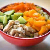 Mandarin Chicken · Slow roasted chicken, mandarin oranges, carrots, cucumbers and sliced almonds. Made with a c...