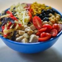 Southwest · Slow roasted chicken, corn, black beans, roasted red peppers, chickpeas, tomato, pepper jack...