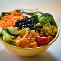 Garden · roasted red peppers, cucumber, tomato, carrot, broccoli, corn, mushrooms, black beans, chedd...