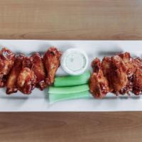 10 Buffalo Wings · Served with ranch or blue cheese and celery.