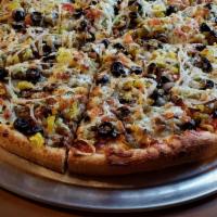 Pembroke Special Pizza · Pepperoni, mushroom, sausage, ham, salami, meatball, green peppers, onions, black olives, to...