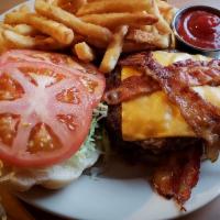 2/3 lb. Double Bacon, Double Cheese Doubler Burger · 100% all beef with lettuce, tomatoes and mayo with your choice of fries or chips.