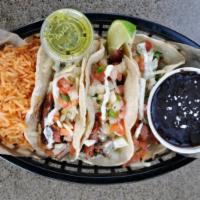 Tacos · 3 white corn tortillas, white cheese, pico, crema, cilantro. Choice of meat. Served with Mex...