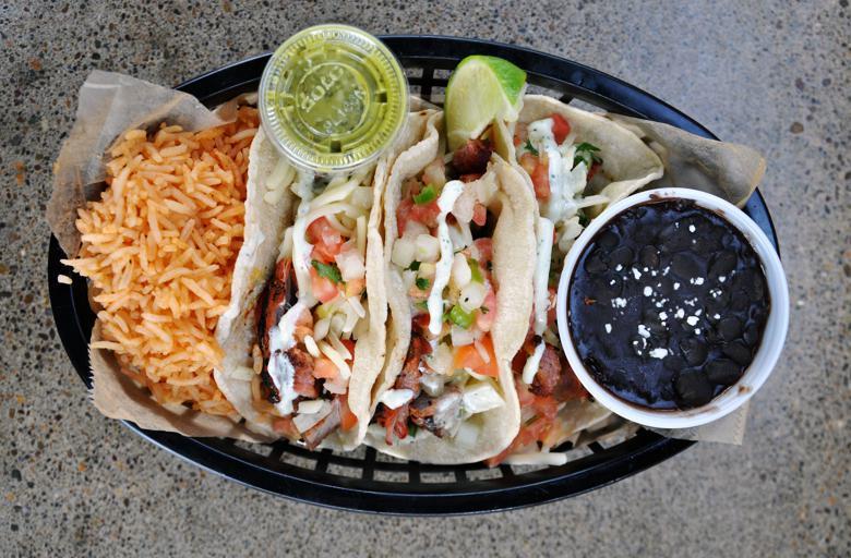Tacos · 3 white corn tortillas, white cheese, pico, crema, cilantro. Choice of meat. Served with Mexican rice and beans. Add guacamole for an additional charge.