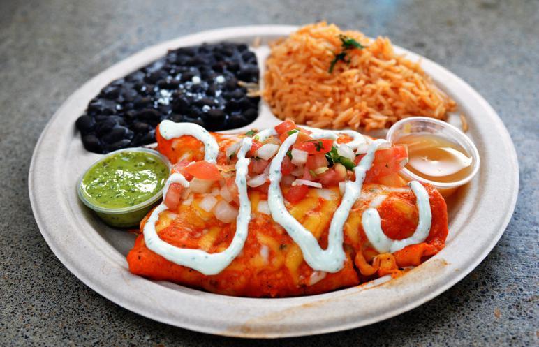 Enchiladas · 2 white corn tortilla enchiladas filled with cheese, your choice of protein, and either Chile-verde (mild) or habanero (spicy) sauce. Topped with more cheese and sauce, pico, and crema. Served with Mexican beans and rice.