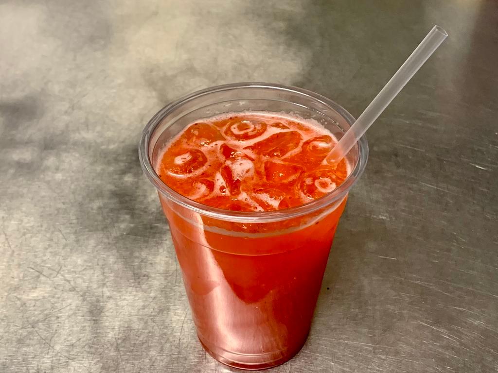 16 oz. Strawberry Lemonade · Real Strawberries, (Not a Syrup) are combined with lemonade and our seasoning.  