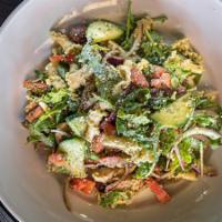 Pistachio Pesto Chicken Salad · Campanella pasta, grilled chicken, Kalamata olives, red onions, Roma tomatoes, cucumbers, pe...