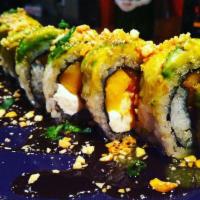 Crazy Monkey · Smoked salmon, cream cheese, mango covered with avocado, eel sauce and peanuts.