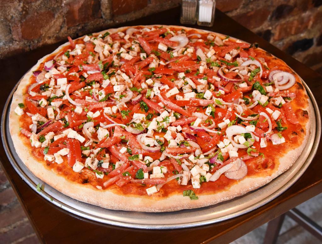 Bruschetta Pizza · Chicken, fresh mozzarella, fresh tomatoes, onions, basil, mixed with garlic and olive oil.