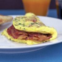 Bacon Omelette · Bacon(Turkey), onions, peppers, tomatoes and American Cheese. Served with home fries and cho...