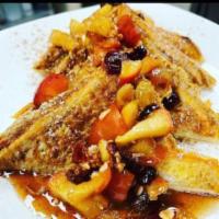 Harvest French Toast · 3 Texas style French toast topped with apples, raisins, golden raisins, raisins and granola ...