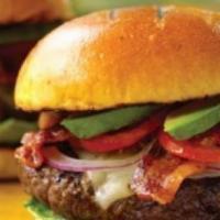Alpine Burger · Served with bacon, Swiss and avocado. Deluxe platter includes lettuce, tomatoes, french frie...