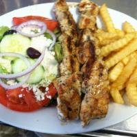 Chicken gyro Platter · Served with french fries, Greek salad, pita and Tzatziki sauce.